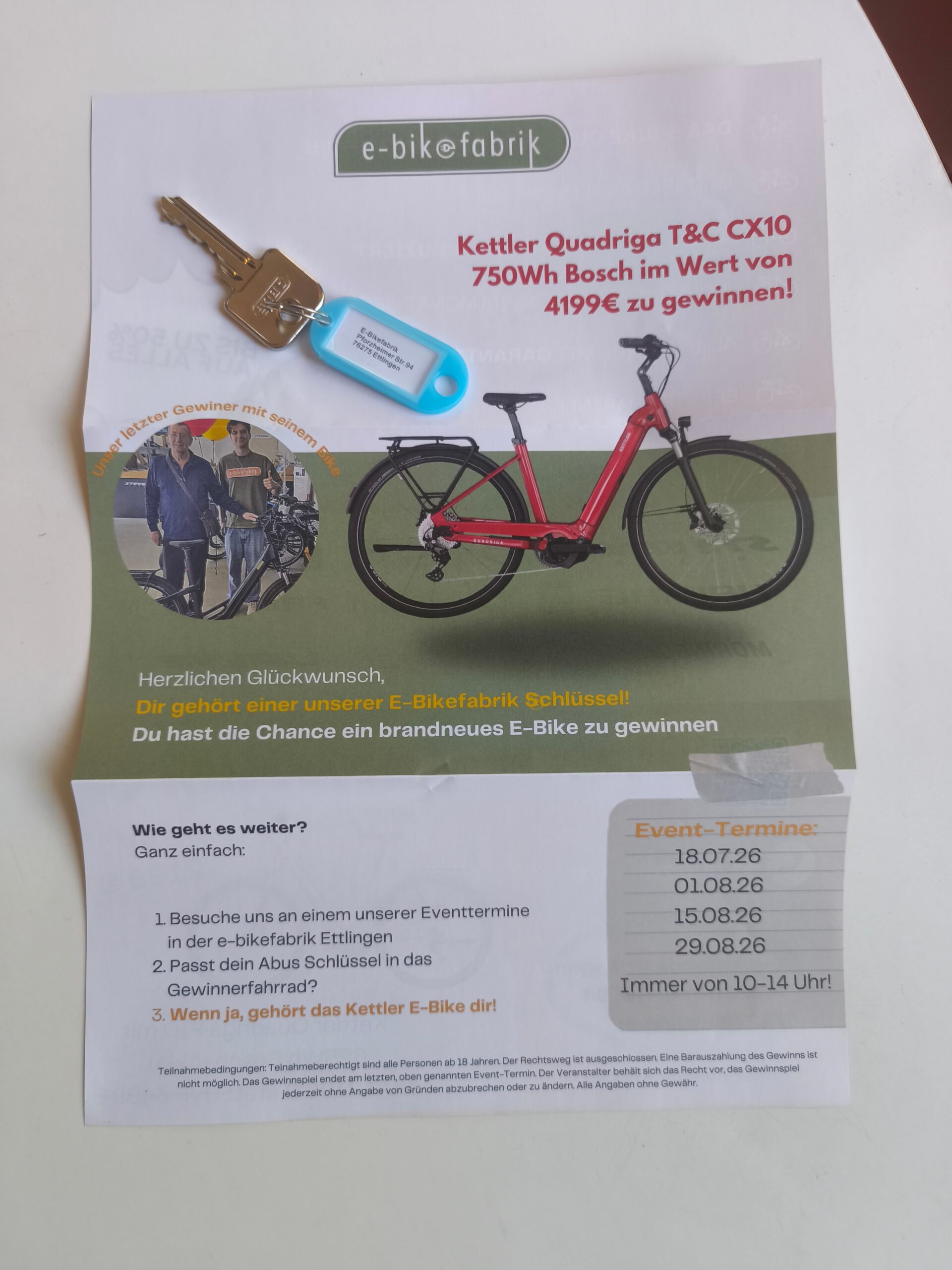 Flyer zum Schlüssel-Gewinnspiel der e-bike fabrik
